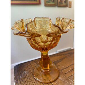 Vintage Fenton Thumbprint Amber Glass Ruffled Edge Footed Compote Candy Dish